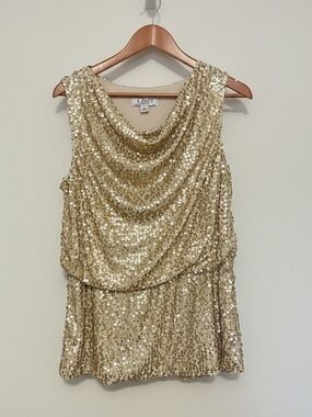 VTG Clues Paris Gold Sequin Covered Waterfall Waist Sleeveless Top size M